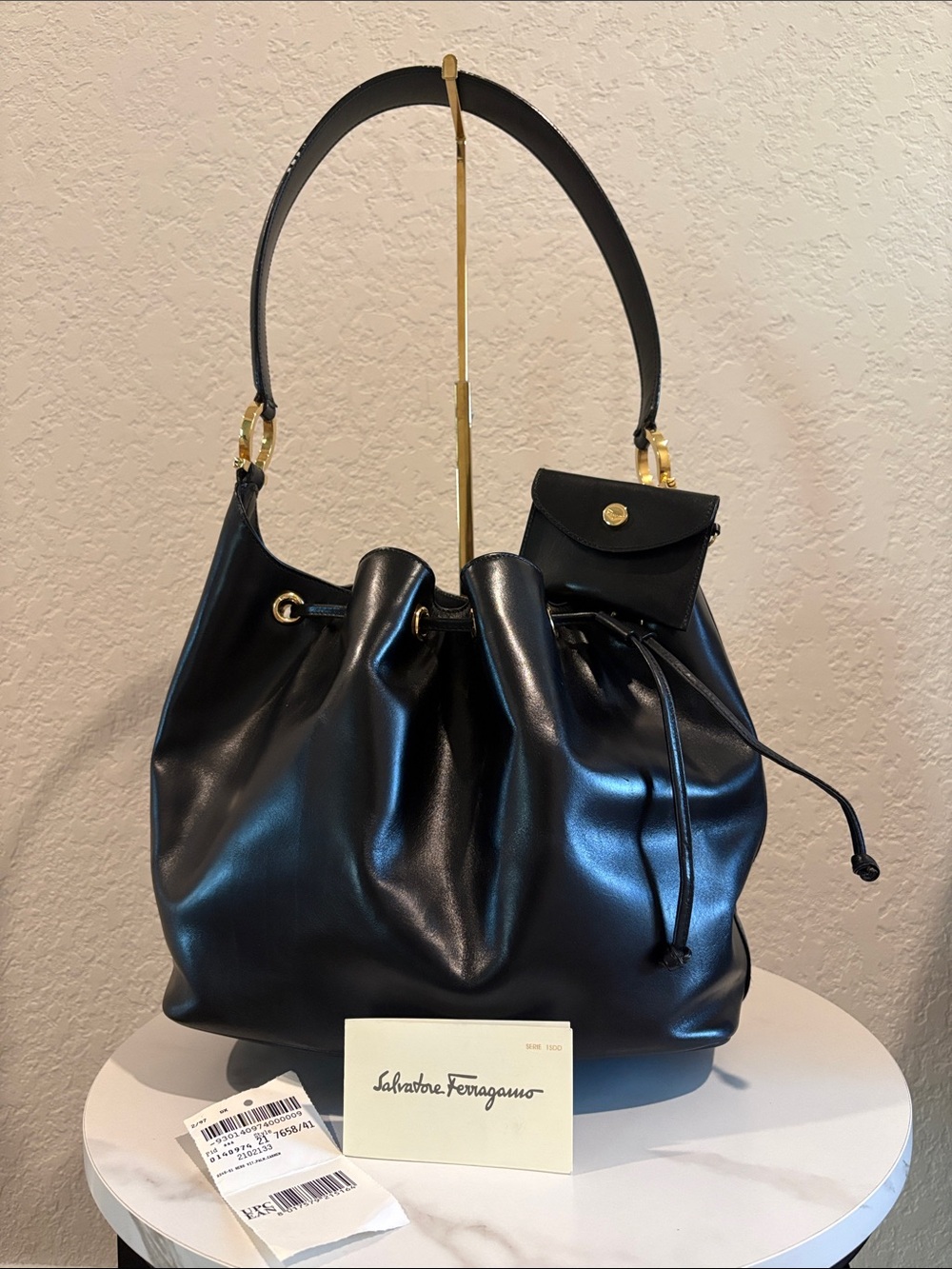 Salvatore Ferragamo Black Leather Drawstring Hobo with Coin Purse